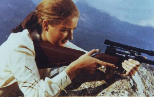 Tania Mallet as Tilly Masterson with an AR-7 survival rifle in the movie Goldfinger, 1964.